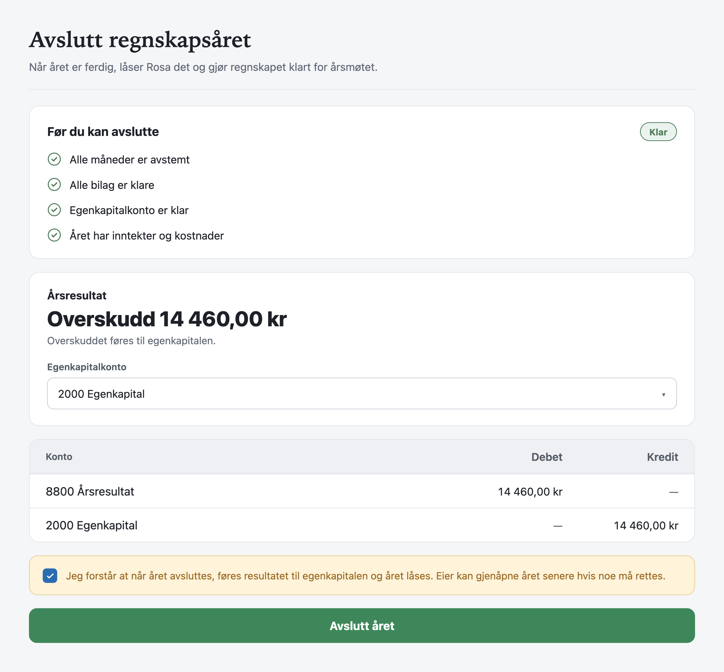 Avslutt regnskapsåret i Rosa – resultatet føres til egenkapitalen, klart for årsmøtet