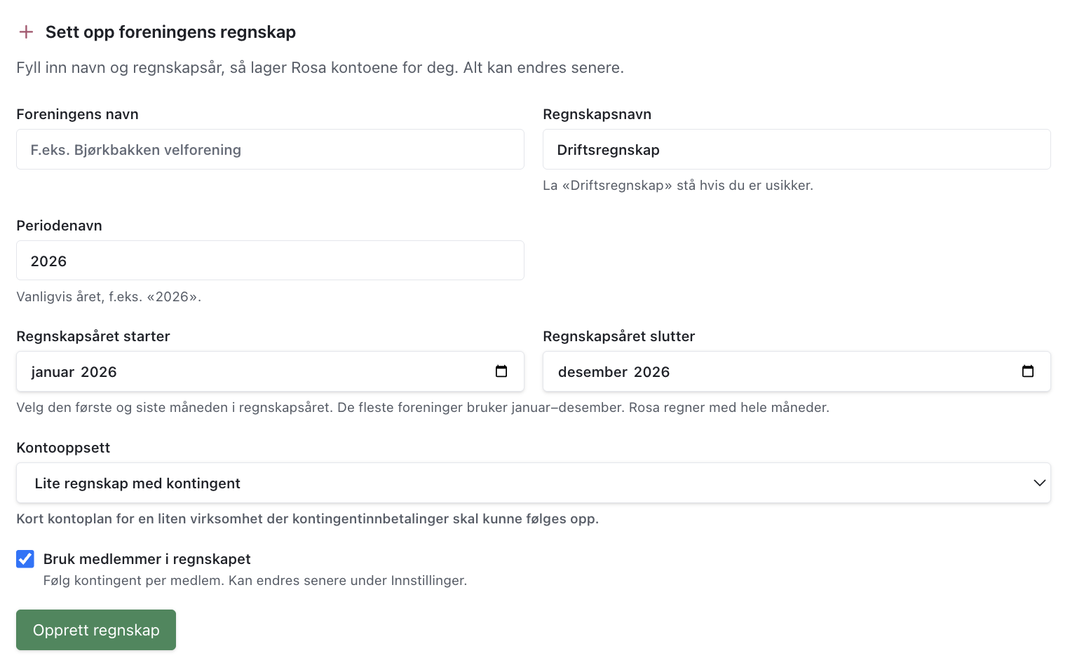 Sett opp regnskapet i Rosa – fyll inn navn og regnskapsår, så lager Rosa kontoene